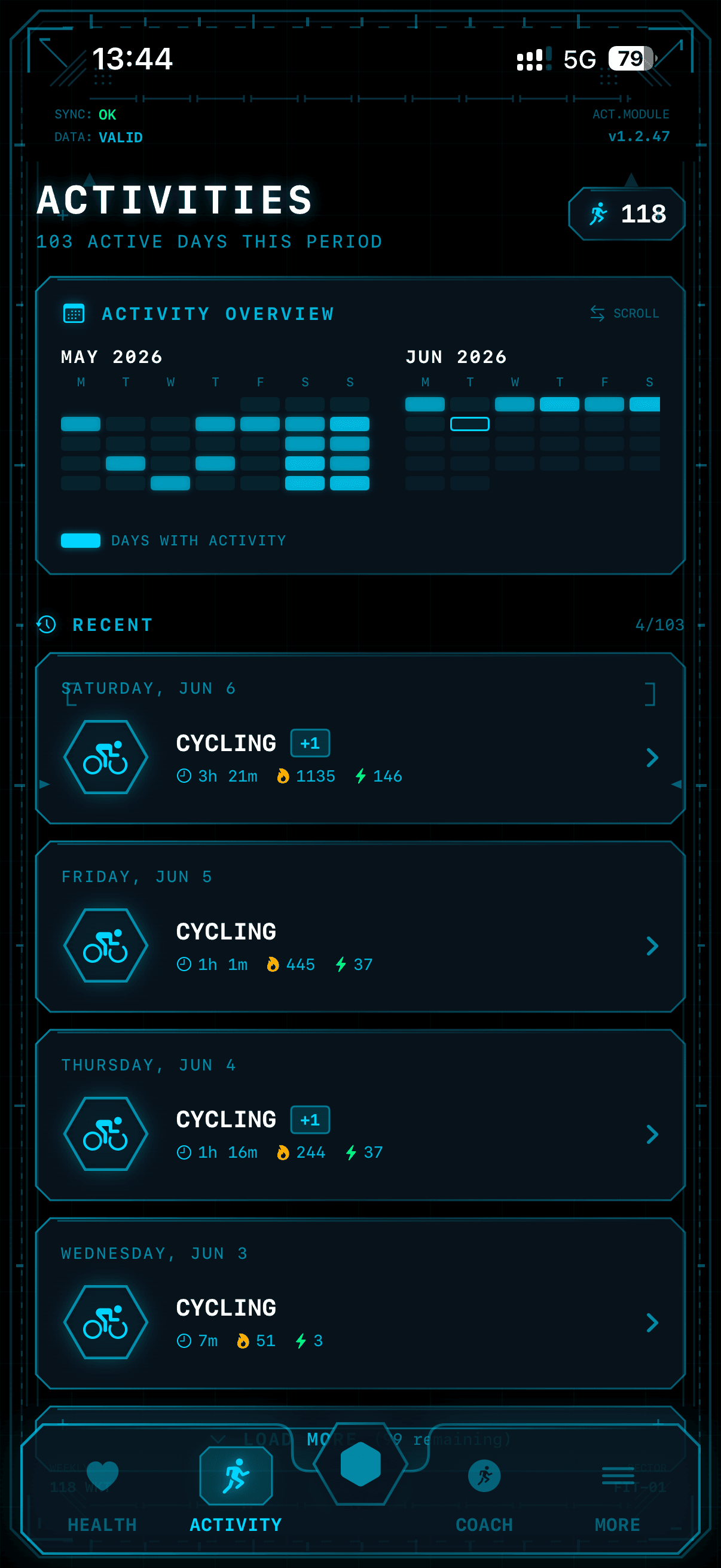 Beebsi Activities tab tracking workouts, active days calendar and fitness activity history