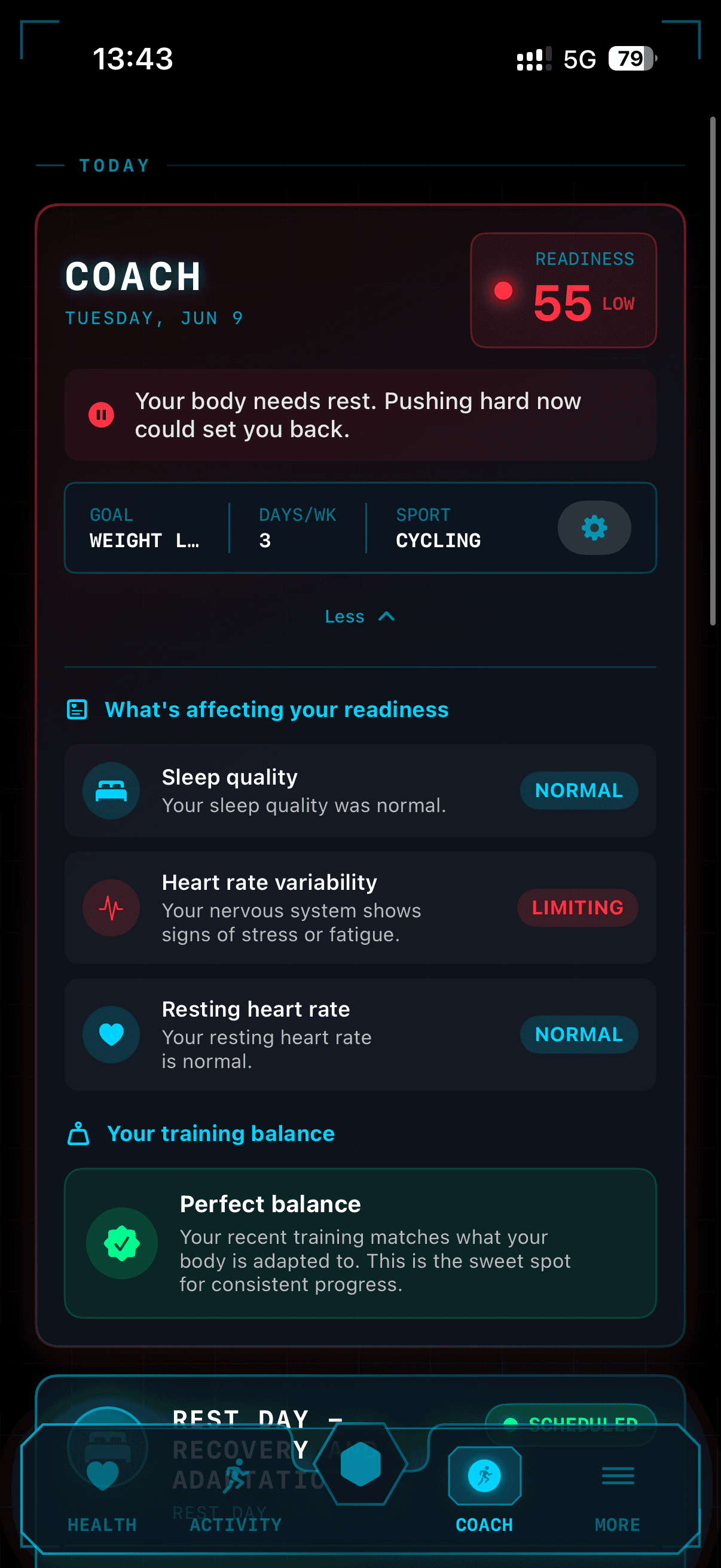 AI Longevity Coach in Beebsi fitness health app analyzing readiness and providing personalized recovery guidance