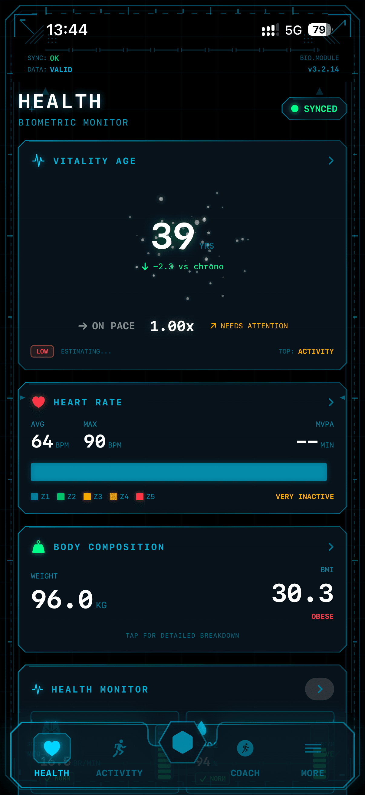Beebsi Vitality Age screen showing biological age estimate for longevity tracking with Apple Health data