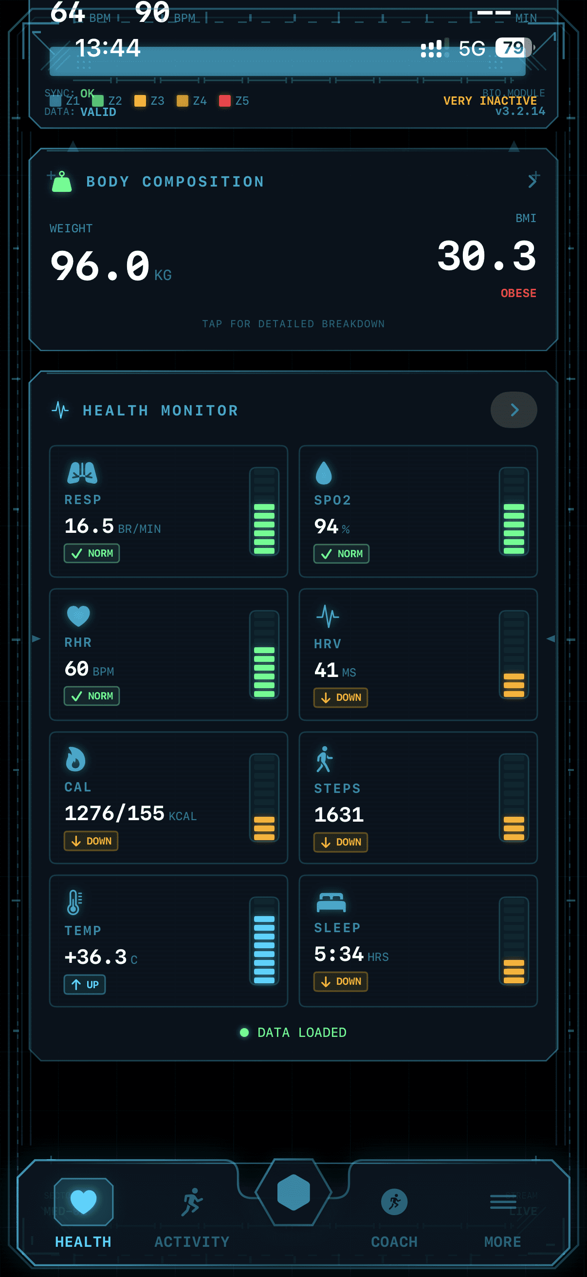 Beebsi Health Monitor showing real-time health metrics from Apple Health smartwatch data