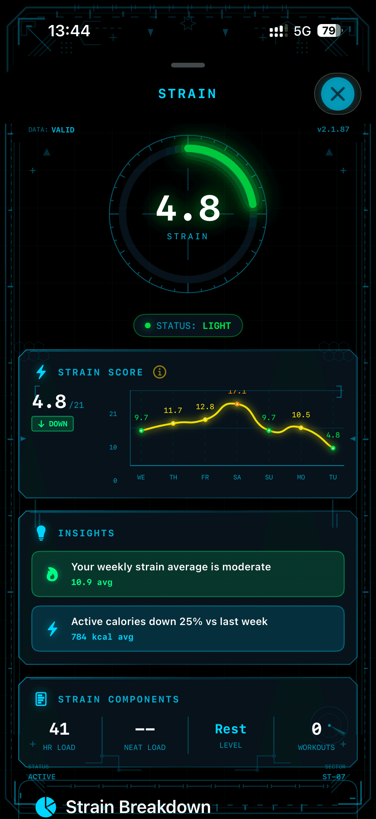 Beebsi strain tracking screen showing daily strain score, weekly chart and fitness activity breakdown